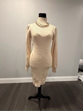 Cream Ribbed Mock-Neck Sweater Dress